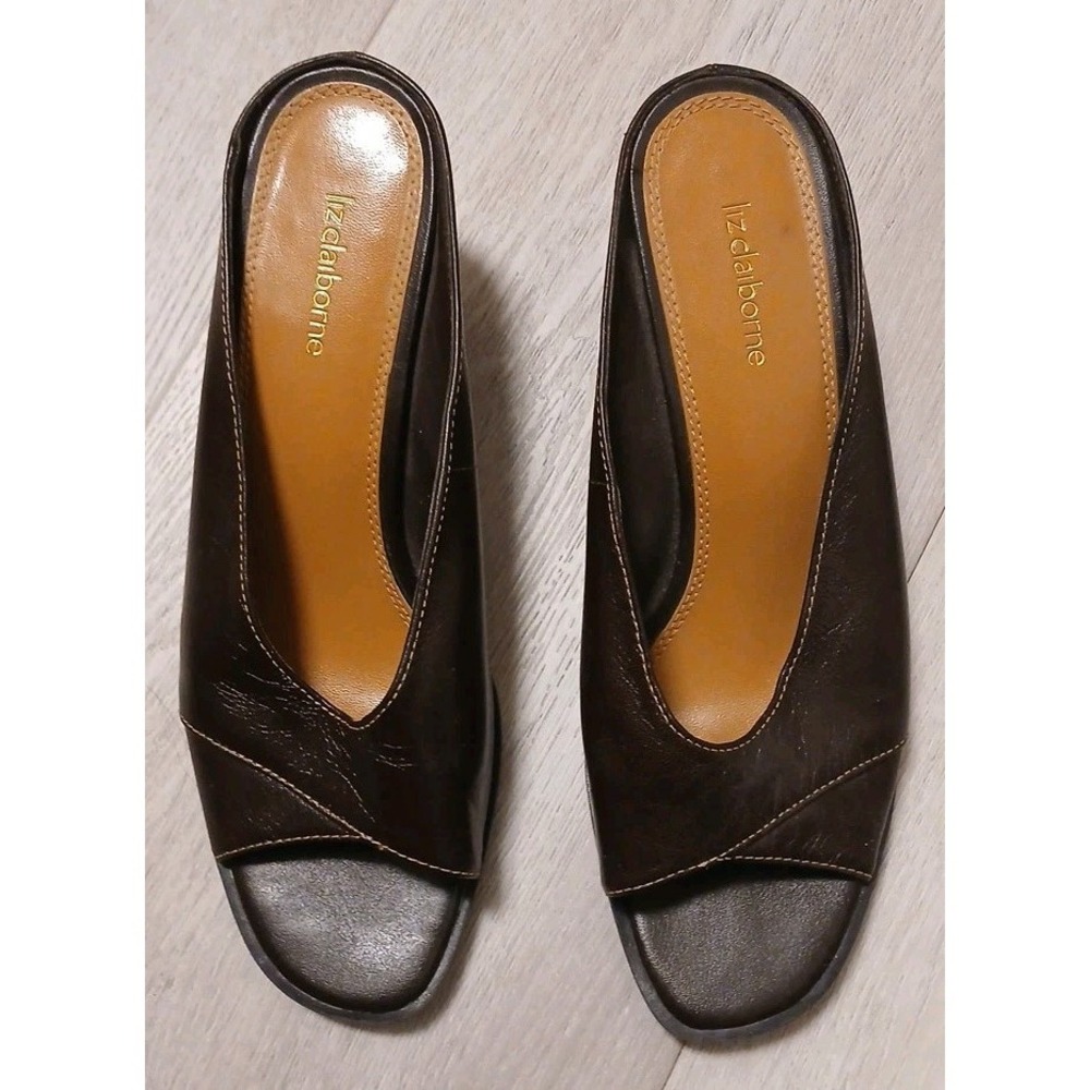 Liz Claiborne Dark Brown Leather Open-Toe Mules